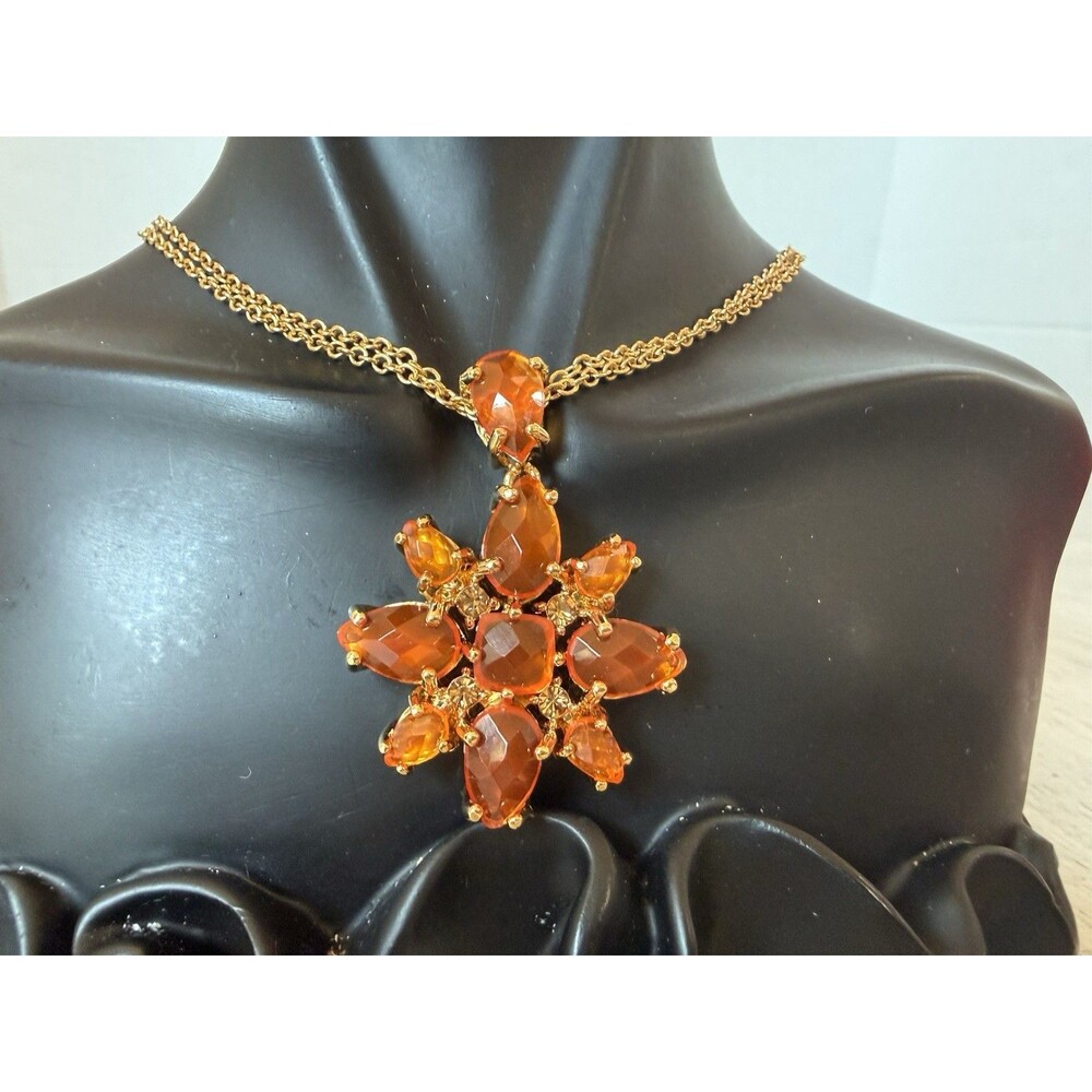 Joan Rivers Classics Collection Double Gold Tone Chain Tangerine Orange Flower - Picture 2 of 13